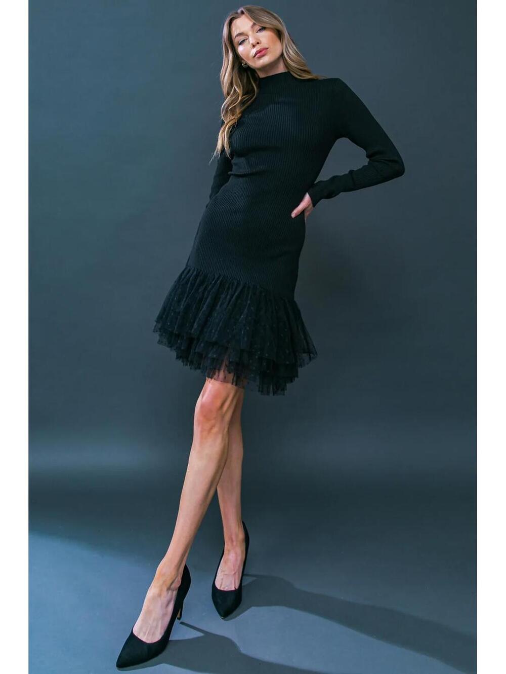 BEHIND MY BACK SWEATER Long Sleeve Dress Black LBD sz S Modest Ruffle Lace